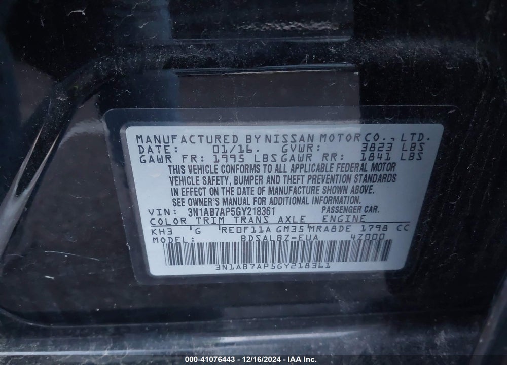 2016 NISSAN SENTRA FE+ S/S/SL/SR/SV VIN: 3N1AB7AP5GY218361