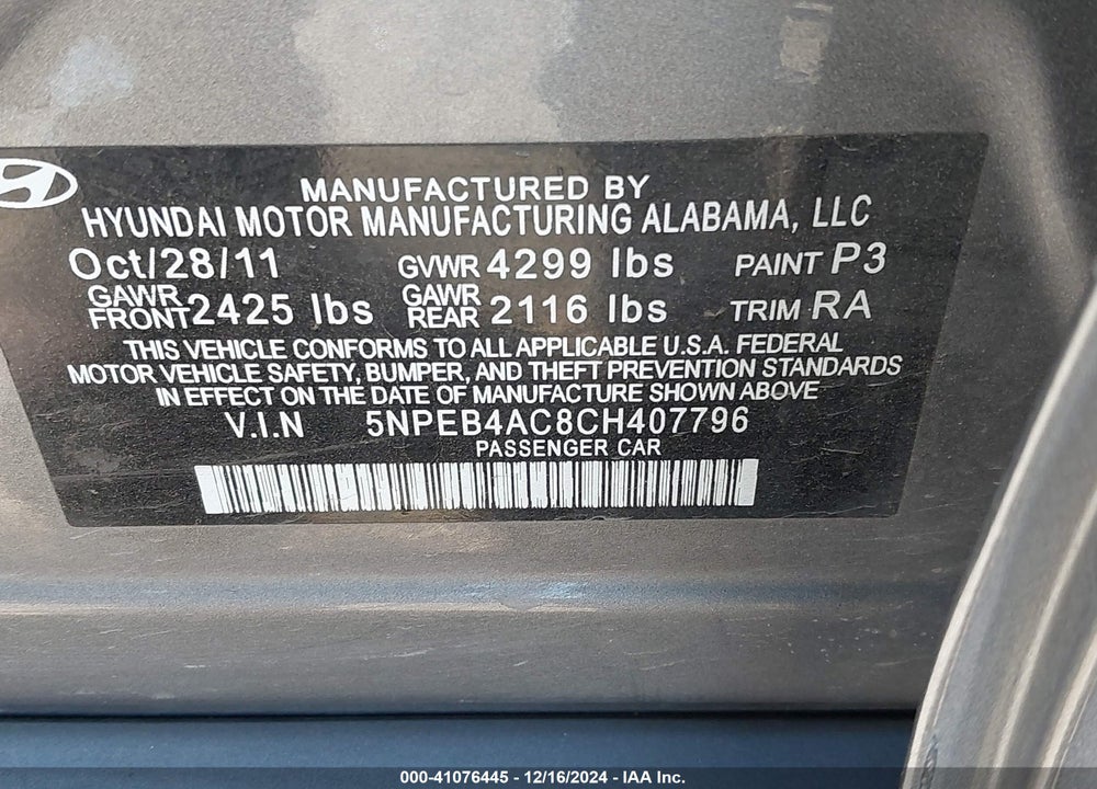 2012 HYUNDAI SONATA VIN: 5NPEB4AC8CH407796