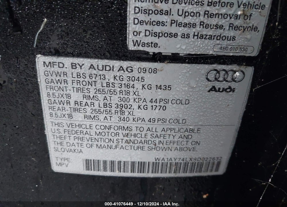 2009 AUDI Q7 3.6 5 PASSENGER/3.6 PREMIUM VIN: WA1AY74LX9D022632