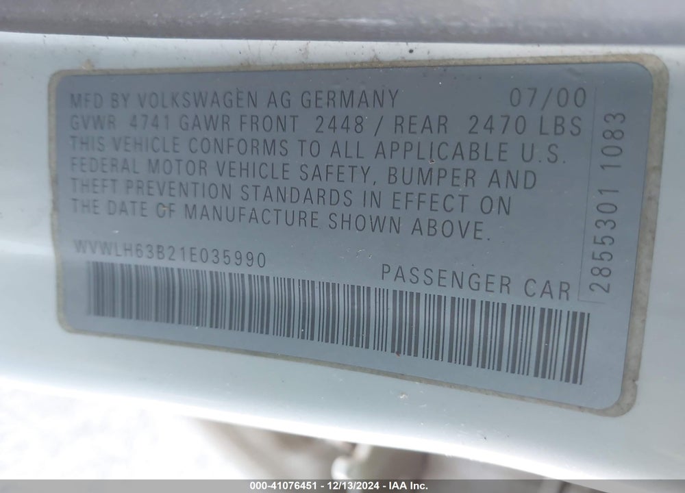 2001 VOLKSWAGEN PASSAT GLX VIN: WVWLH63B21E035590