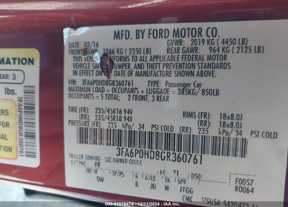 2016 FORD FUSION SE VIN: 3FA6P0HD8GR360761