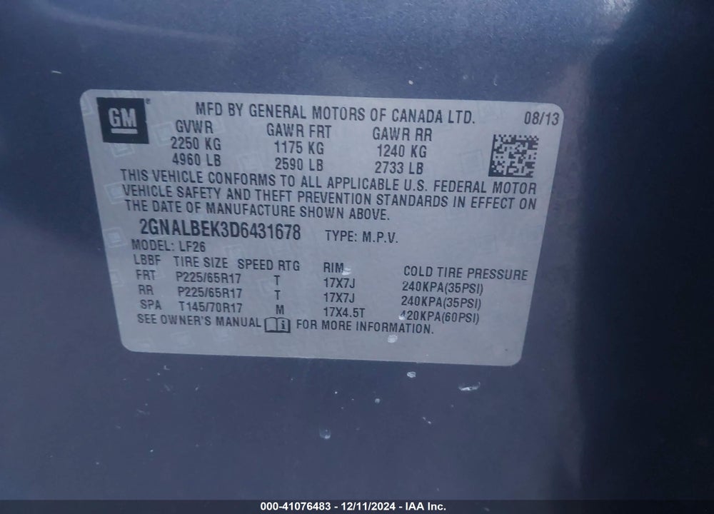 2013 CHEVROLET EQUINOX LS VIN: 2GNALBEK3D6431678