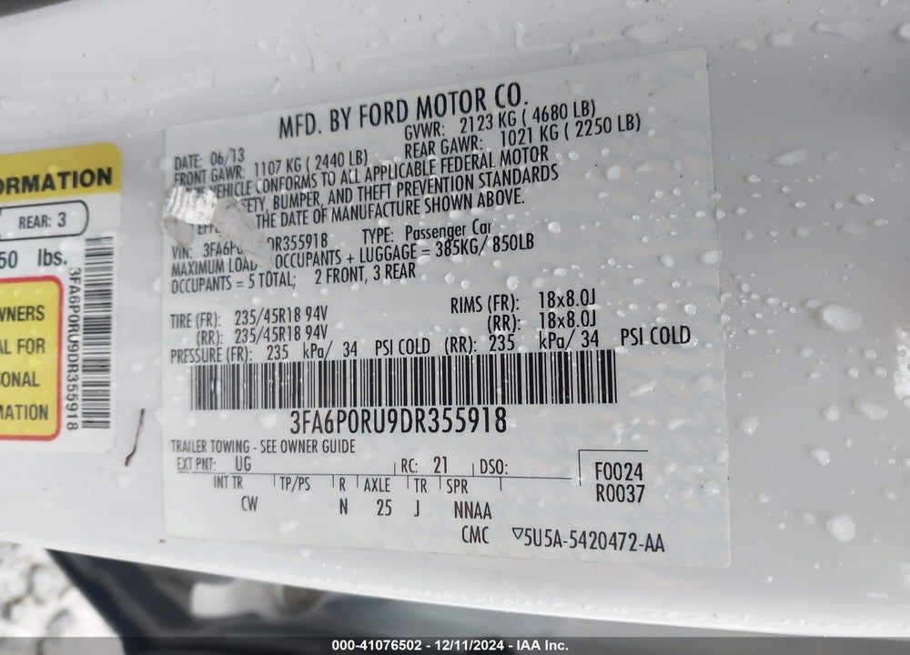 2013 FORD FUSION HYBRID TITANIUM VIN: 3FA6P0RU9DR355918