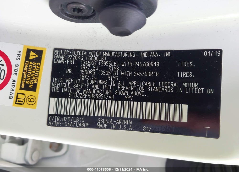 2019 TOYOTA HIGHLANDER XLE VIN: 5TDJZRFH8KS954748