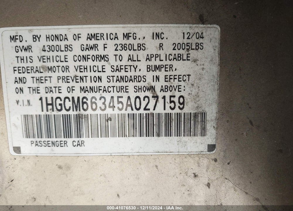 2005 HONDA ACCORD LX VIN: 1HGCM66345A027159