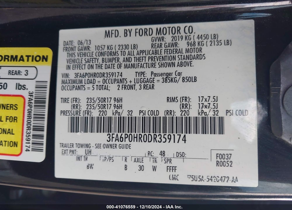 2013 FORD FUSION SE VIN: 3FA6P0HR0DR359174