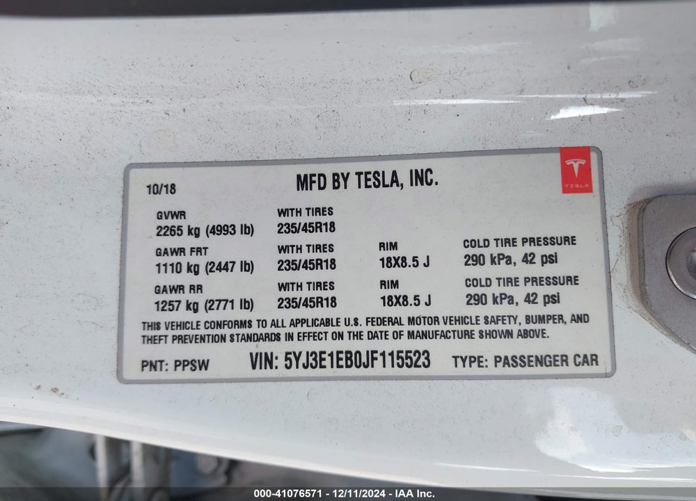 2018 TESLA MODEL 3 LONG RANGE/PERFORMANCE VIN: 5YJ3E1EB0JF115523