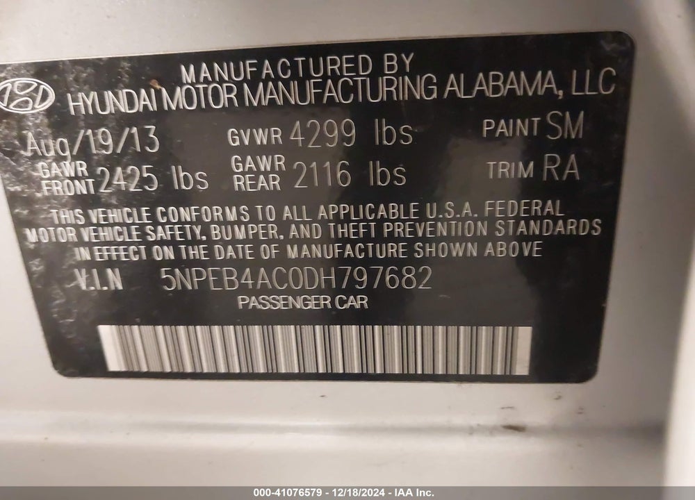 2013 HYUNDAI SONATA GLS VIN: 5NPEB4AC0DH797682