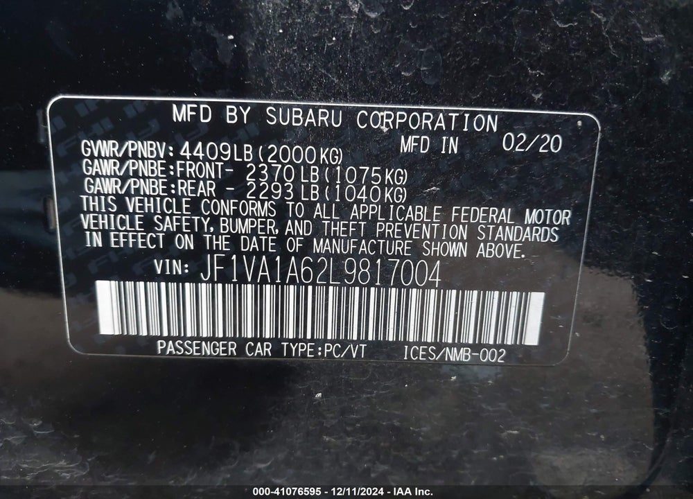 2020 SUBARU WRX VIN: JF1VA1A62L9817004