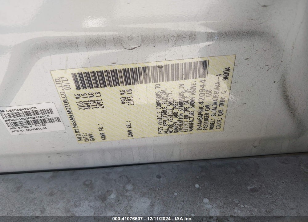 2017 NISSAN MAXIMA VIN: 1N4AA6AP6HC420944