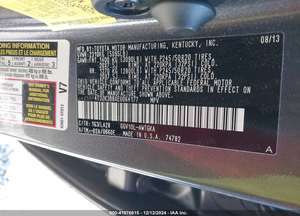 2014 TOYOTA VENZA XLE V6 VIN: 4T3ZK3BBXEU064177