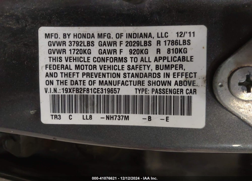 2012 HONDA CIVIC EX VIN: 19XFB2F81CE319657