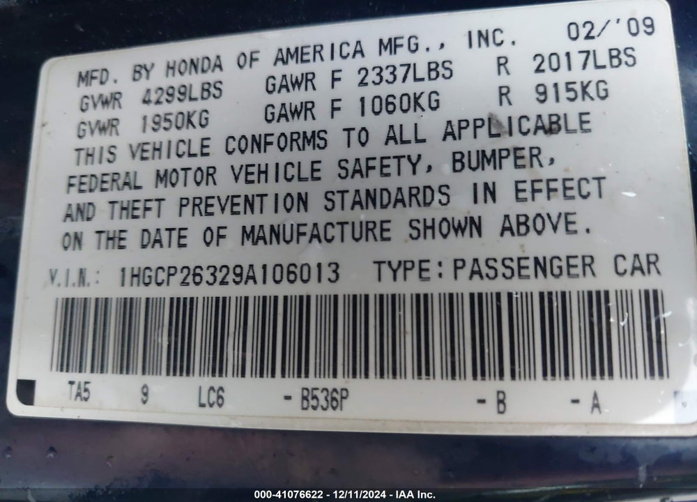 2009 HONDA ACCORD 2.4 LX VIN: 1HGCP26329A106013