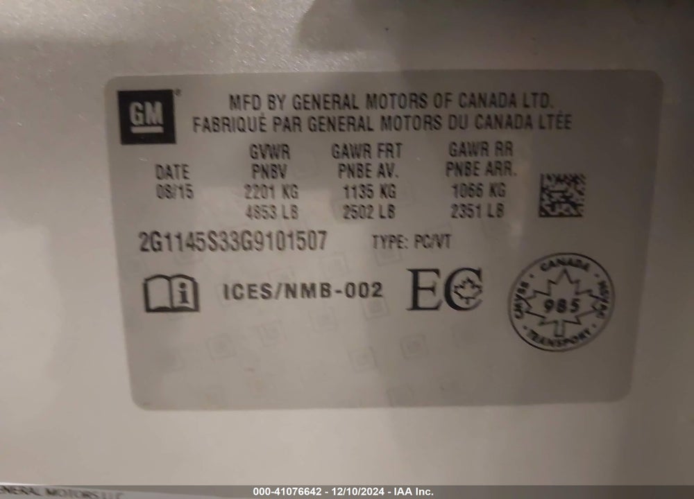 2016 CHEVROLET IMPALA VIN: 2G1145S33G9101507
