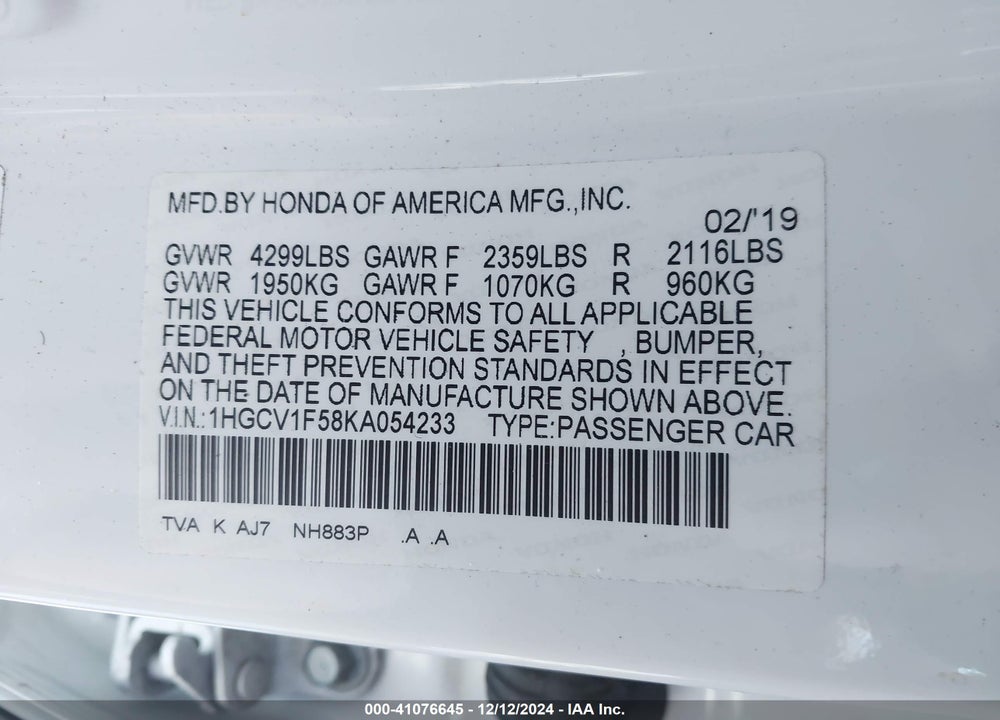 2019 HONDA ACCORD EX-L VIN: 1HGCV1F58KA054233