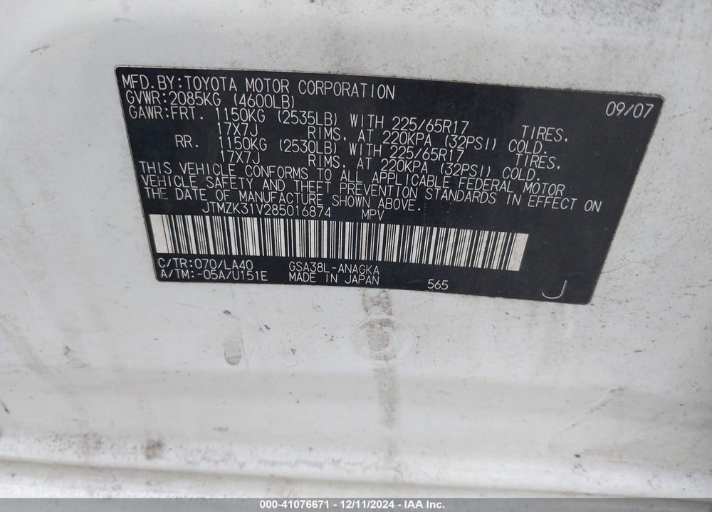 2008 TOYOTA RAV4 LIMITED V6 VIN: JTMZK31V285016874