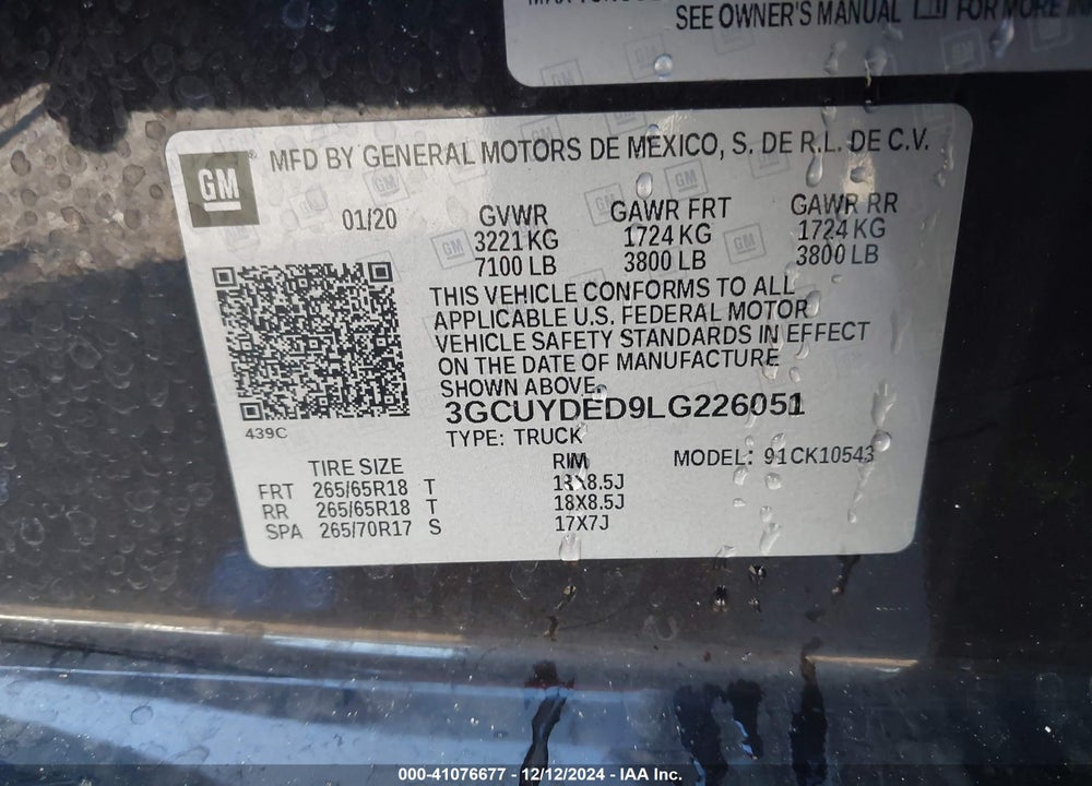 2020 CHEVROLET SILVERADO VIN: 3GCUYDED9LG226051