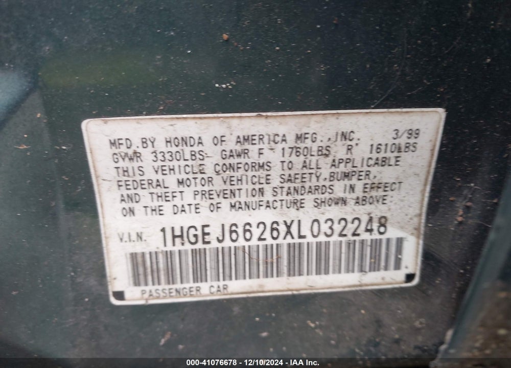 1999 HONDA CIVIC DX VIN: 1HGEJ6626XL032248