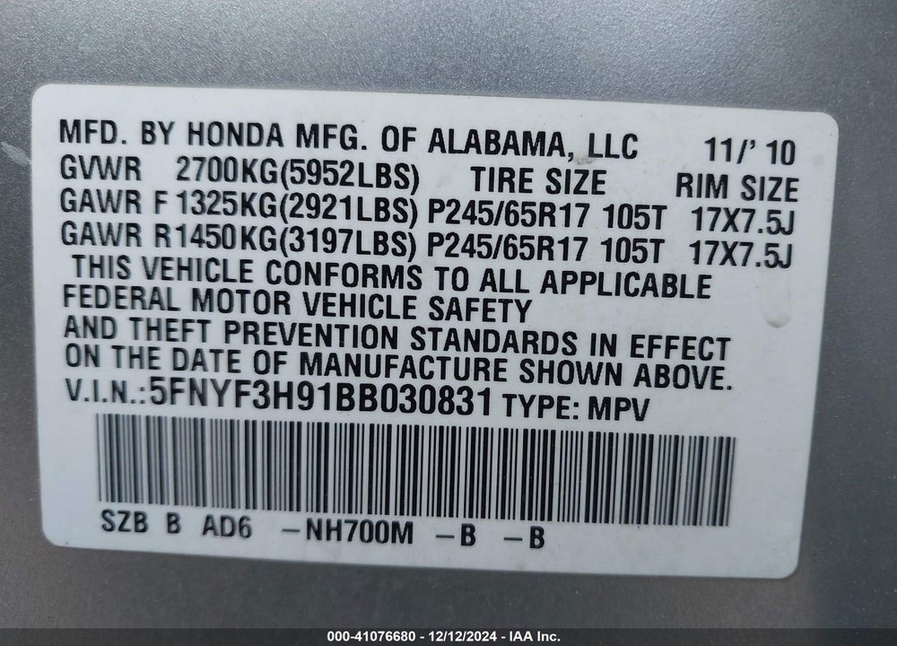 2011 HONDA PILOT TOURING VIN: 5FNYF3H91BB030831