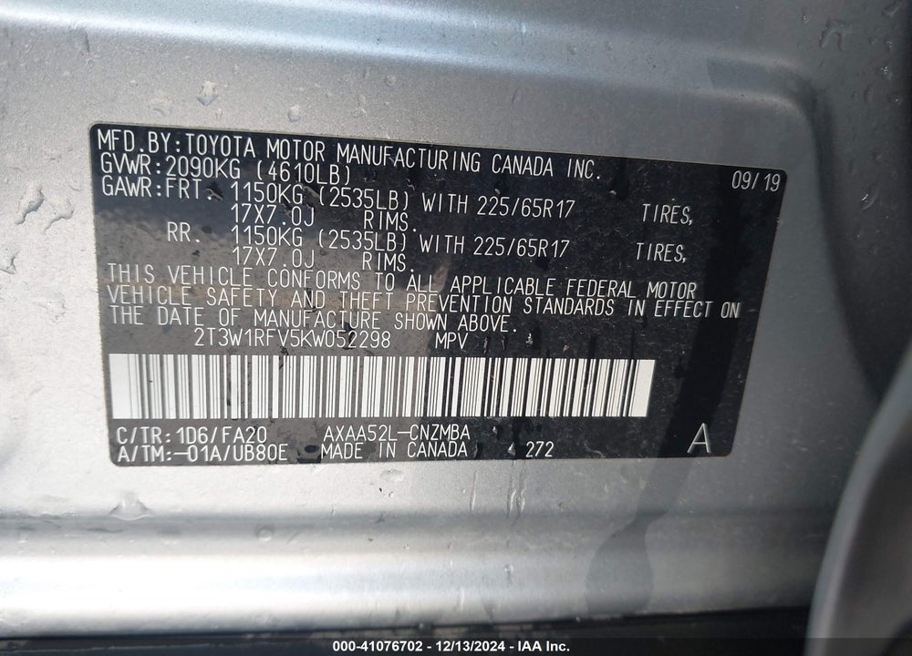 2019 TOYOTA RAV4 XLE VIN: 2T3W1RFV5KW052298