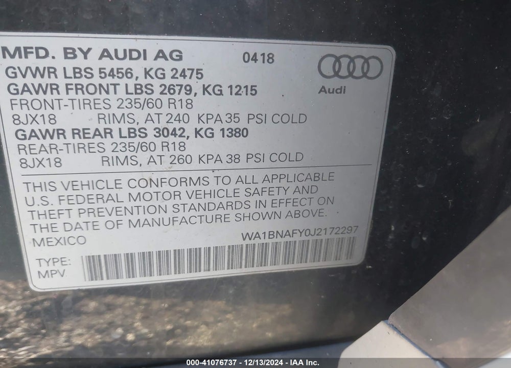 2018 AUDI Q5 2.0T PREMIUM/2.0T TECH PREMIUM VIN: WA1BNAFY0J2172297