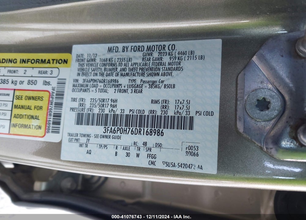2013 FORD FUSION SE VIN: 3FA6P0H76DR168986
