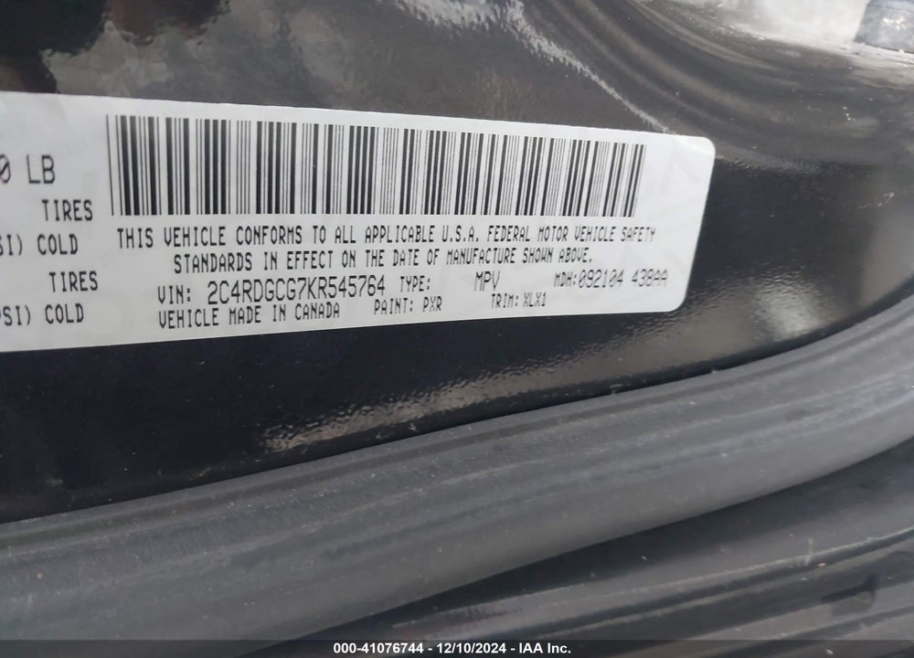 2019 DODGE GRAND CARAVAN SXT VIN: 2C4RDGCG7KR545764