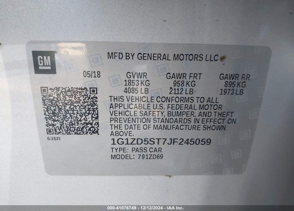 2018 CHEVROLET MALIBU LT VIN: 1G1ZD5ST7JF245059