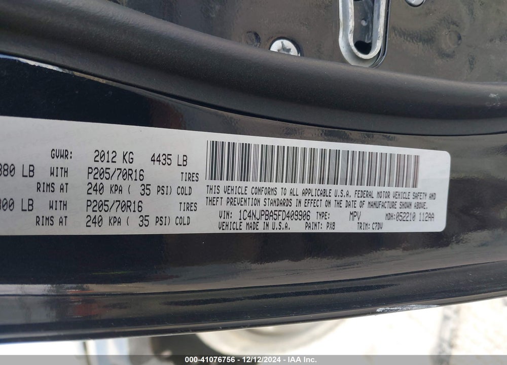 2015 JEEP PATRIOT SPORT VIN: 1C4NJPBA5FD409906