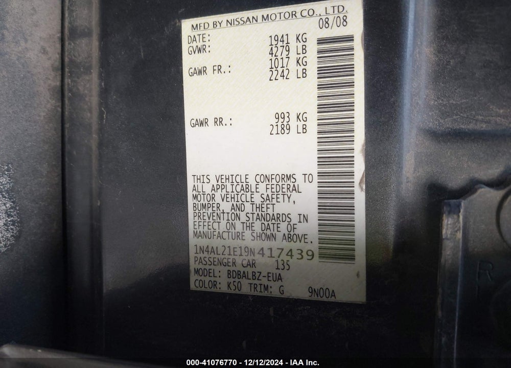 2009 NISSAN ALTIMA 2.5 S VIN: 1N4AL21E19N417439