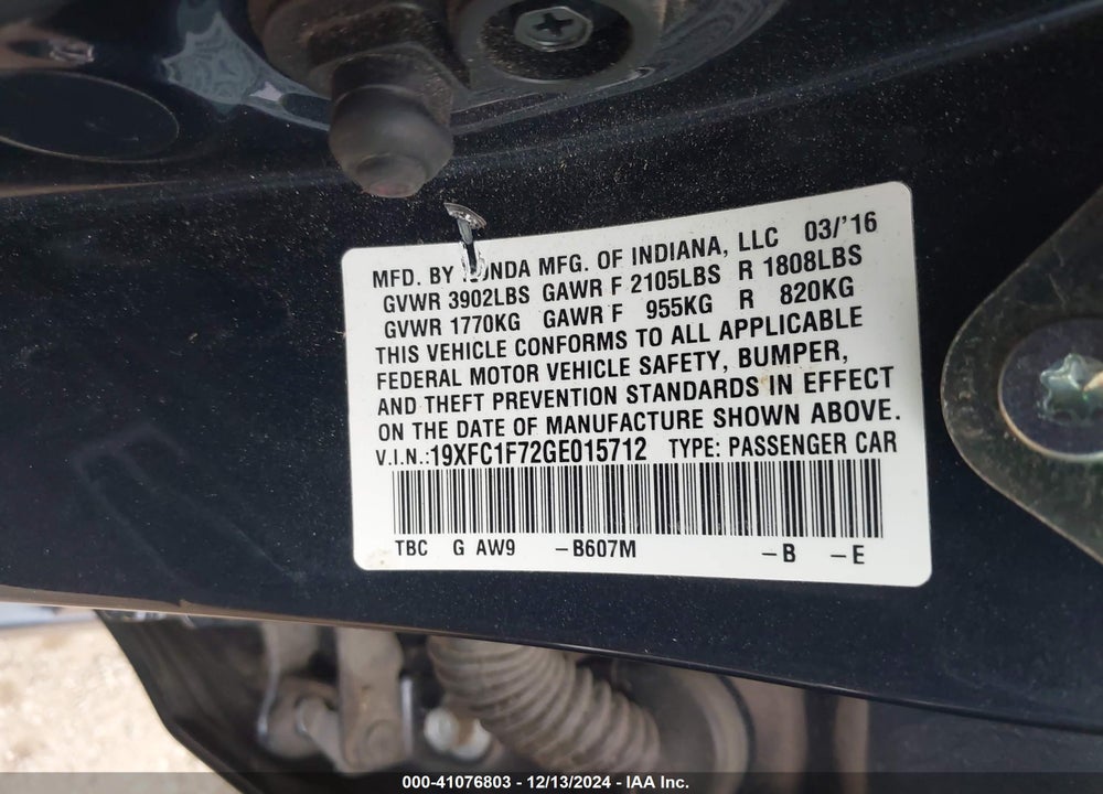 2016 HONDA CIVIC EX-L VIN: 19XFC1F72GE015712