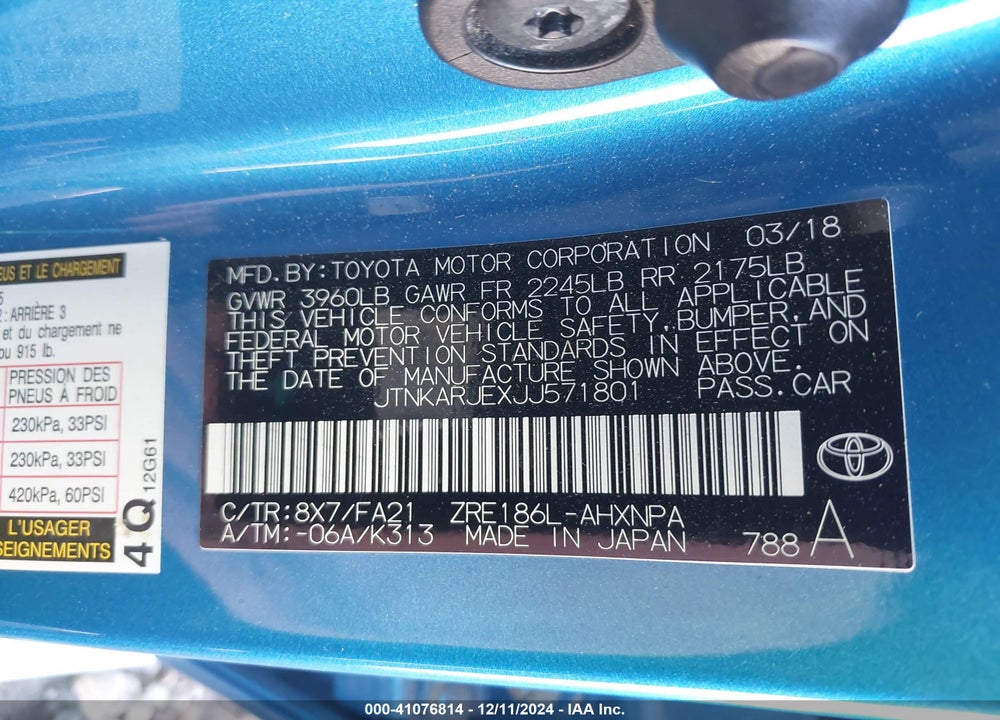 2018 TOYOTA COROLLA IM VIN: JTNKARJEXJJ571801