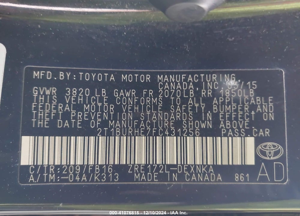 2015 TOYOTA COROLLA VIN: 2T1BURHE7FC431256