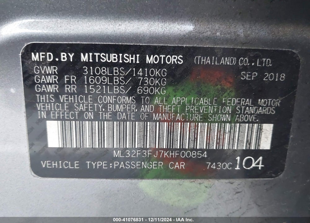 2019 MITSUBISHI MIRAGE G4 ES VIN: ML32F3FJ7KHF00854