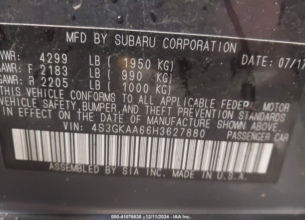 2017 SUBARU IMPREZA 2.0I VIN: 4S3GKAA66H3627880
