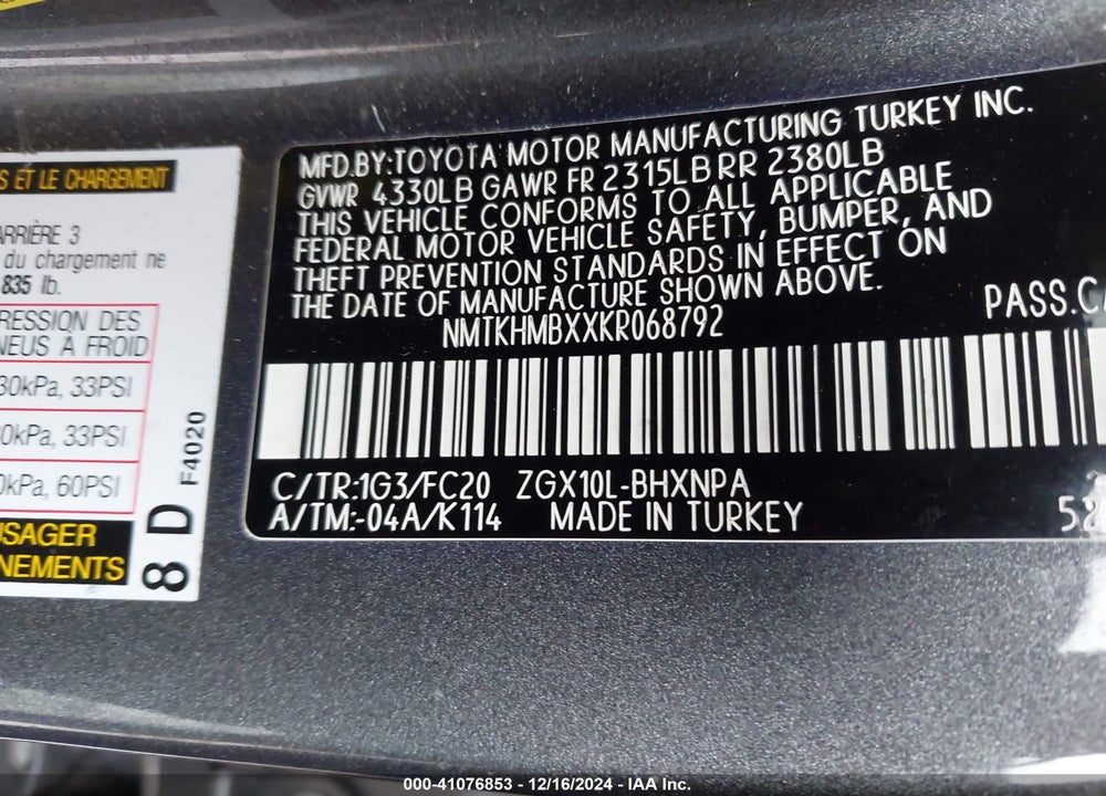 2019 TOYOTA C-HR LE VIN: NMTKHMBXXKR068792