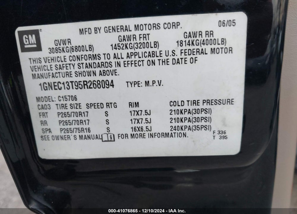 2005 CHEVROLET TAHOE Z71 VIN: 1GNEC13T95R268094