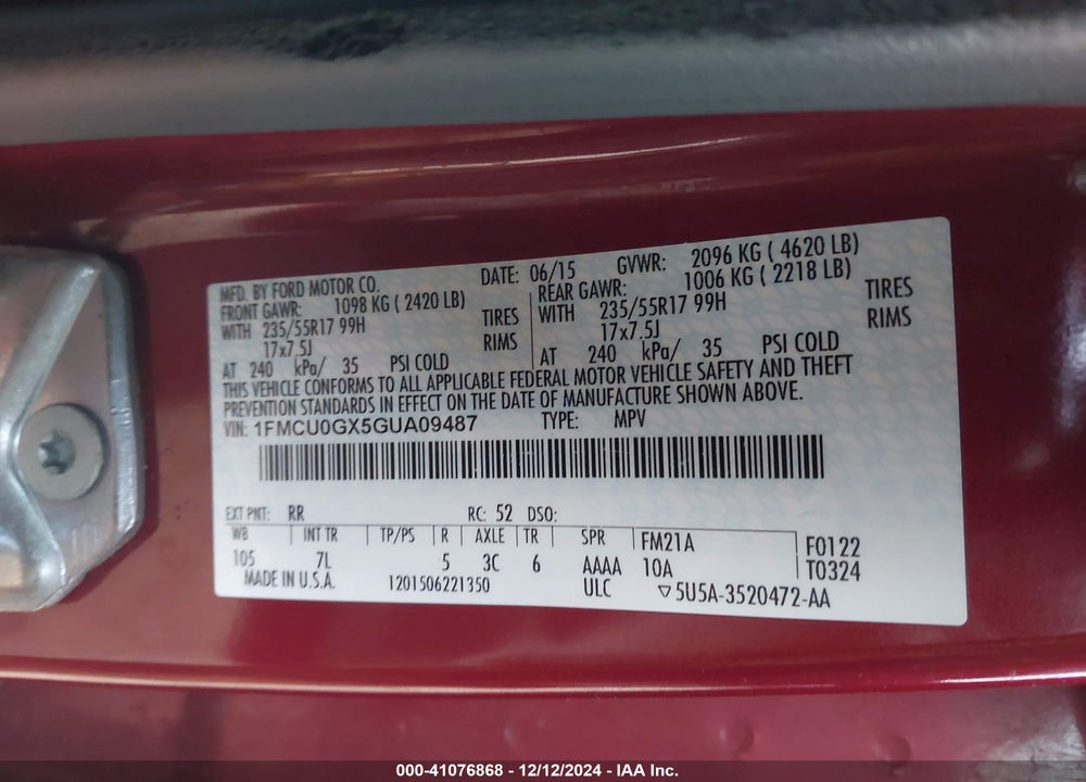 2016 FORD ESCAPE SE VIN: 1FMCU0GX5GUA09487