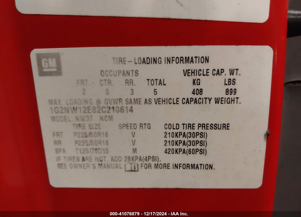 2002 PONTIAC GRAND AM GT VIN: 1G2NW12E82C210614