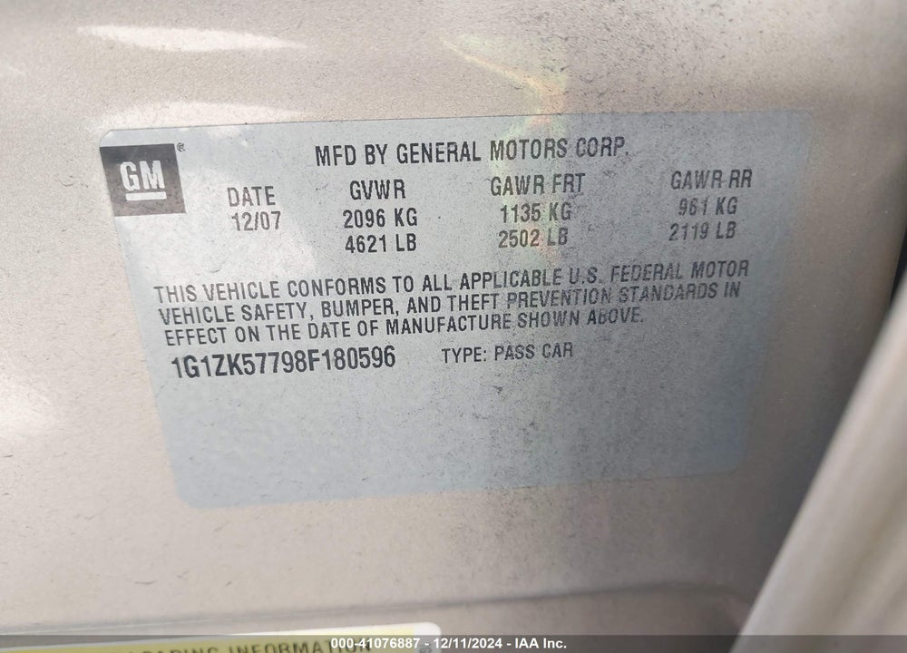 2008 CHEVROLET MALIBU LTZ VIN: 1G1ZK57798F180596