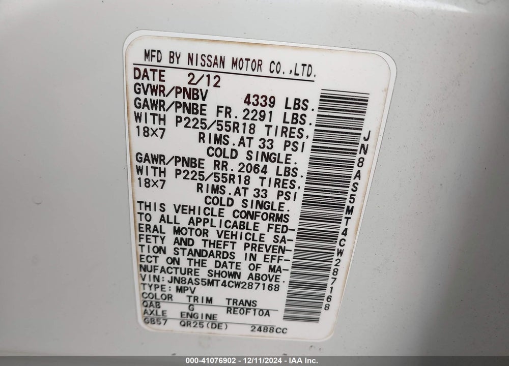 2012 NISSAN ROGUE SV W/SL PKG VIN: JN8AS5MT4CW287168