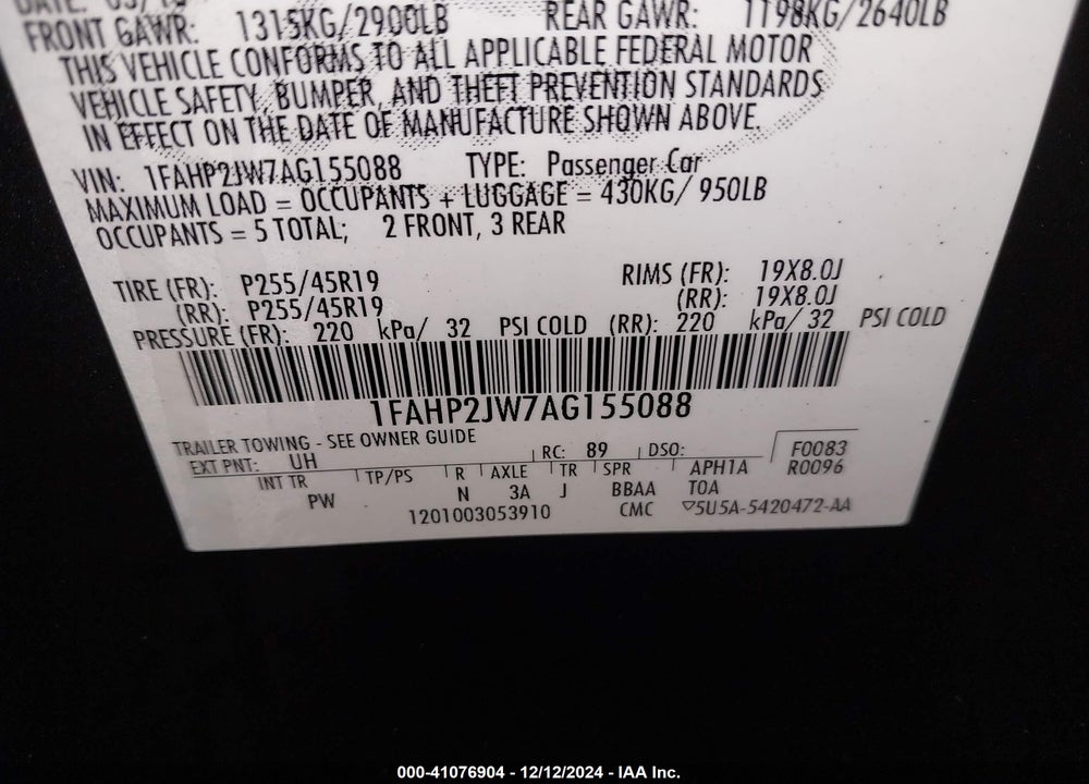 2010 FORD TAURUS LIMITED VIN: 1FAHP2JW7AG155088