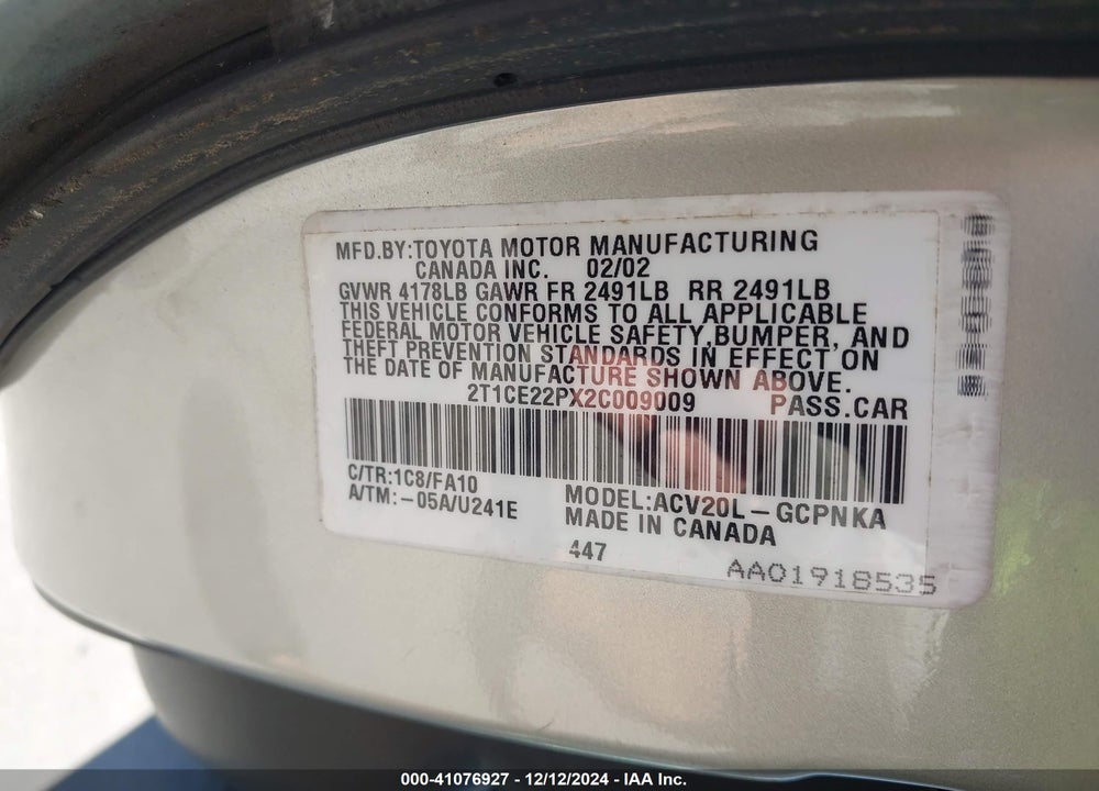2002 TOYOTA CAMRY SOLARA SE VIN: 2T1CE22PX2C009009