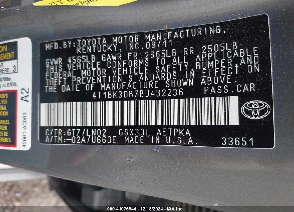 2011 TOYOTA AVALON LIMITED VIN: 4T1BK3DB7BU432236