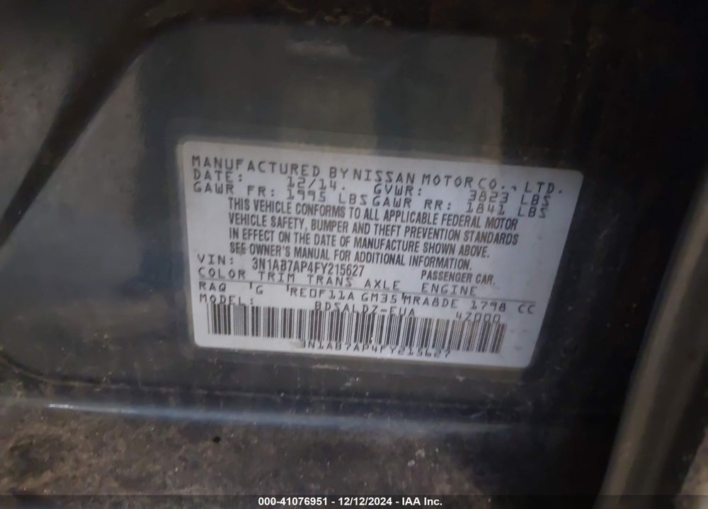 2015 NISSAN SENTRA SV VIN: 3N1AB7AP4FY215627