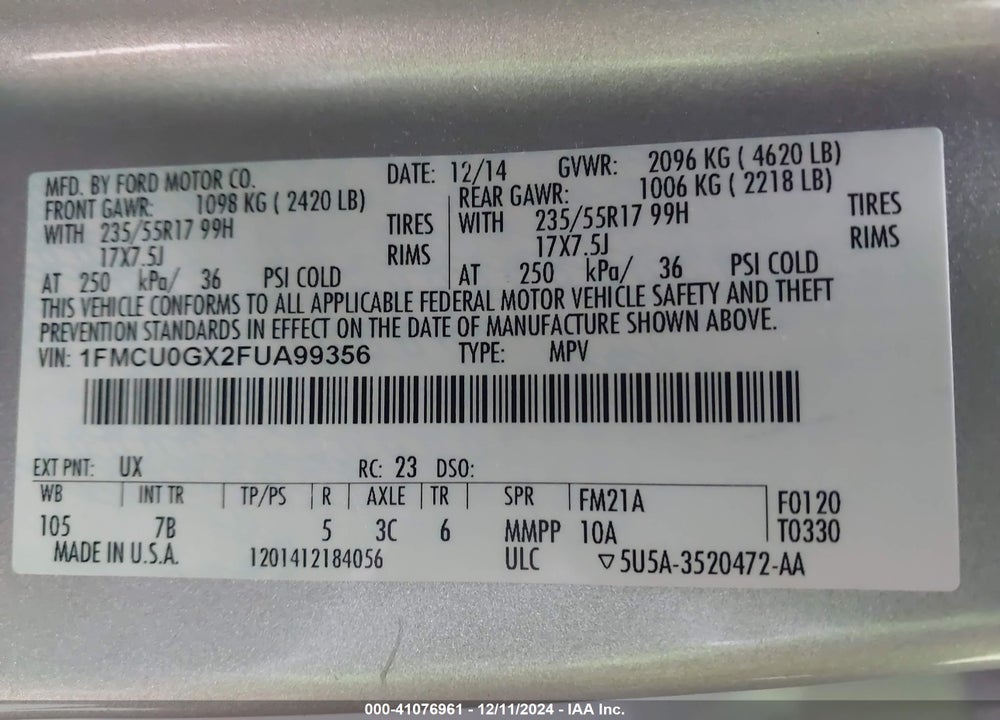 2015 FORD ESCAPE SE VIN: 1FMCU0GX2FUA99356