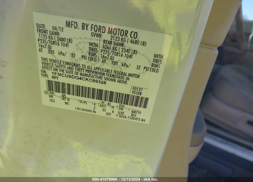 2012 FORD ESCAPE XLT VIN: 1FMCU9DG4CKC69328
