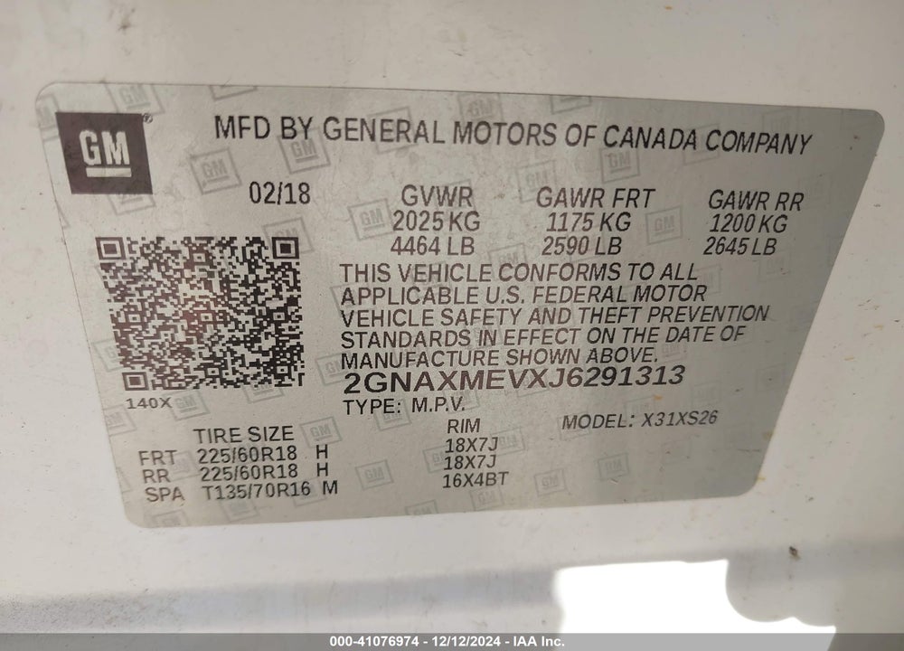 2018 CHEVROLET EQUINOX PREMIER VIN: 2GNAXMEVXJ6291313