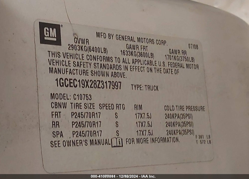 2008 CHEVROLET SILVERADO 1500 WORK TRUCK VIN: 1GCEC19X28Z317997