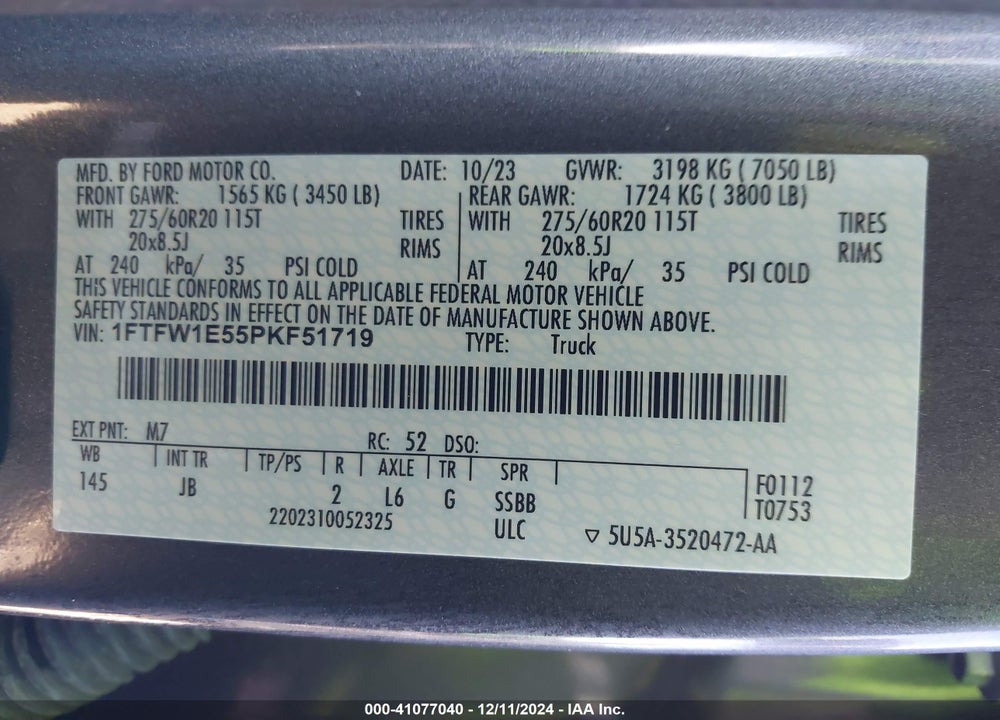 2023 FORD F-150 VIN: 1FTFW1E55PKF51719